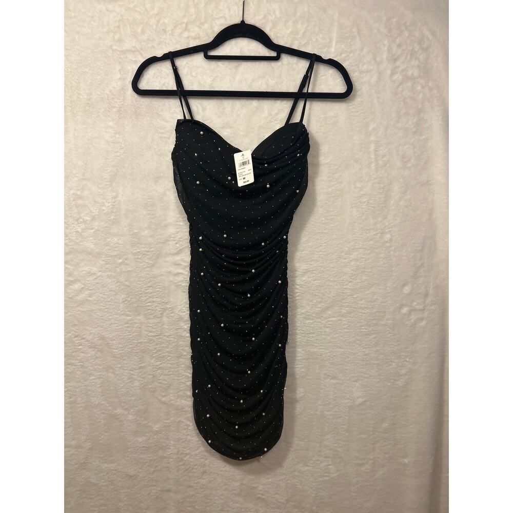 NWT Black Rhinestone Ruched‎ Bodycon Mini Dress Women's Medium